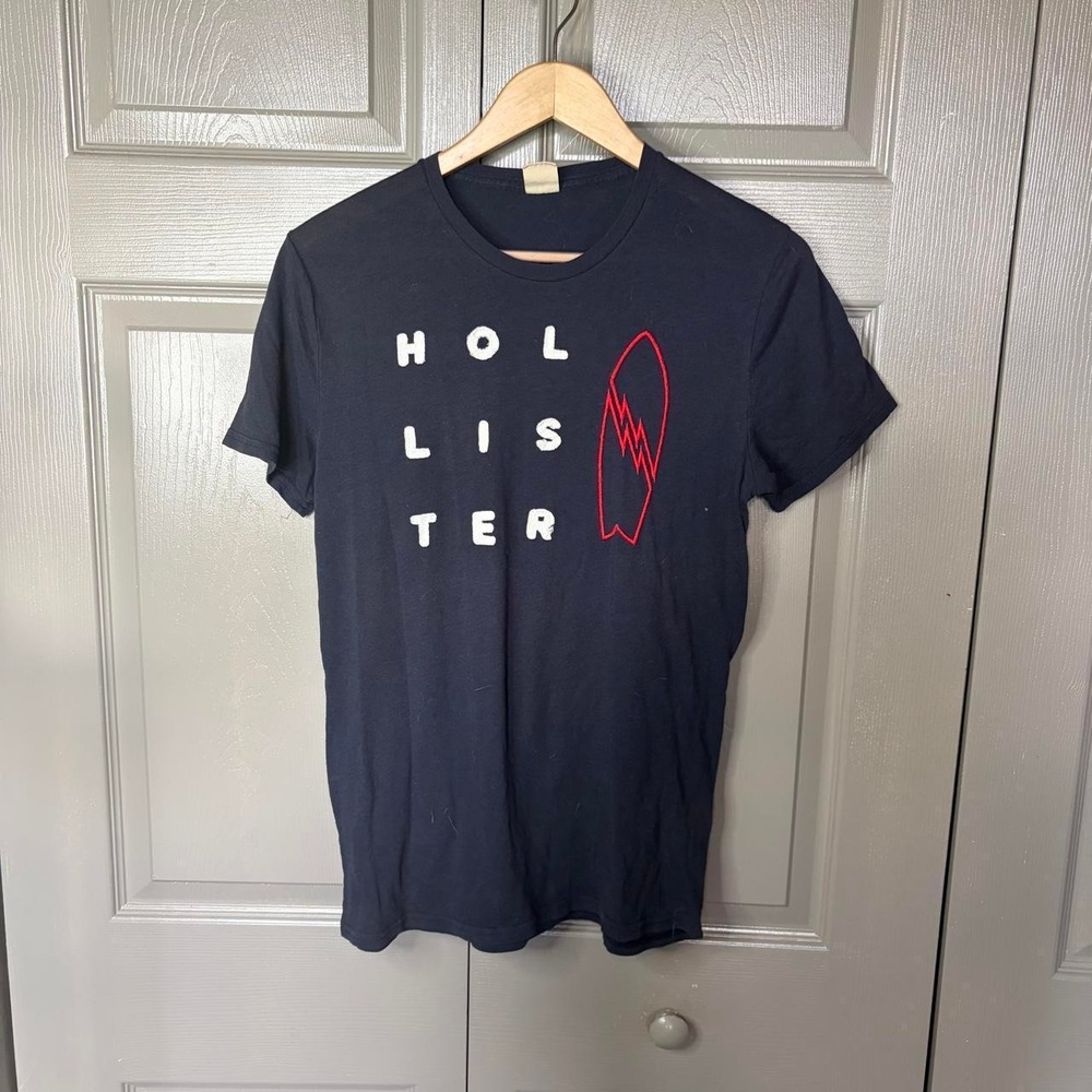 Hollister California Mens Small Navy Blue Y2K Surf Surfboard Graphic T-Shirt